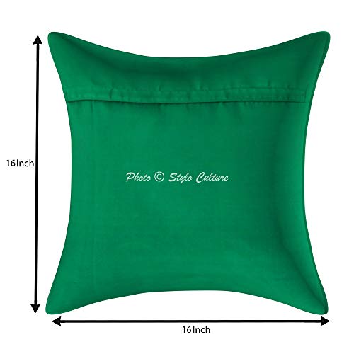 Image of Decorative Brocade Cushion Covers 16x16 Inch Banarasi Jacquard Weave Emerald Green & Gold Home Decor Peacock Traditional Square 40x40 cm Zippered Sofa Settee Pillowcases -Set of 2 Pcs