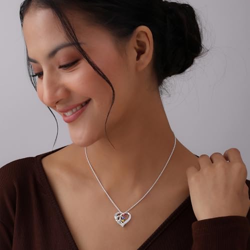 Image of TRUESILVER ACPL 925 Sterling Silver Personalized Photo Necklace for Women | Custom Couple Heart Pendant with Name Date & Birthstone | Engraved Picture Necklace Gift for Wife Mother Anniversary Birthday