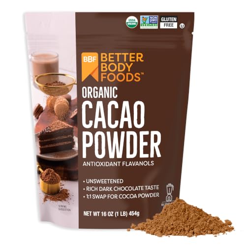 BetterBody Foods Organic Cacao Powder, Rich Chocolate Flavor, Non-GMO, Gluten-Free, Cocoa, 16 ounce...
