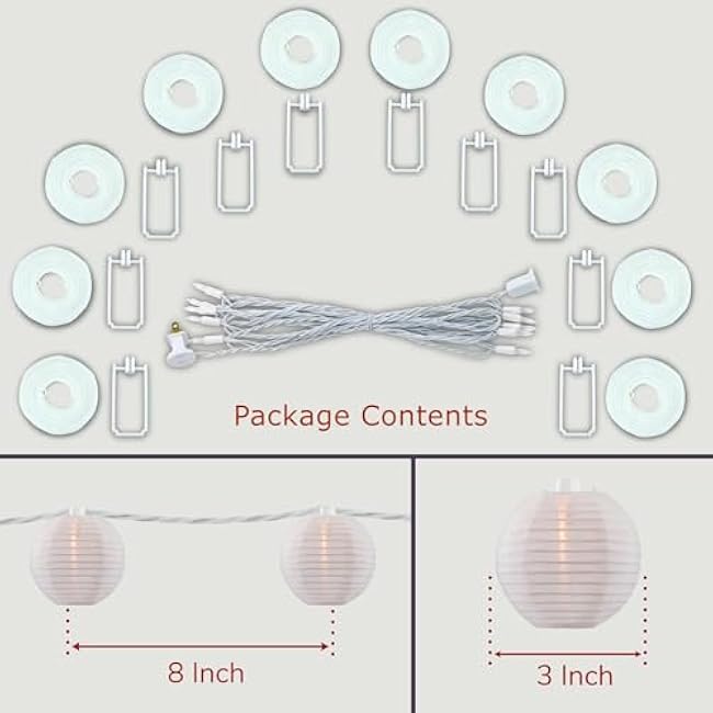 White Lantern String Lights, 10 Waterproof Nylon Lanterns with 8.7' UL Listed Plug-in Connectable String Lights (White)