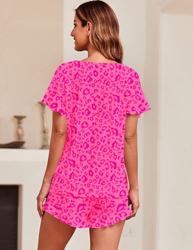 Image of Ekouaer Women's Pajama Set Ruffle Sleeves Top and Short Soft 2 Piece Loungewear Set