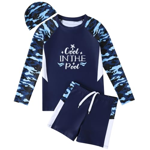 Hotfiary Traje de baño para niños, traje de baño para niños grandes, camiseta de manga corta y gorro de natación, conjunto de camiseta de traje de baño de dos piezas, traje de baño de verano para 6, 7