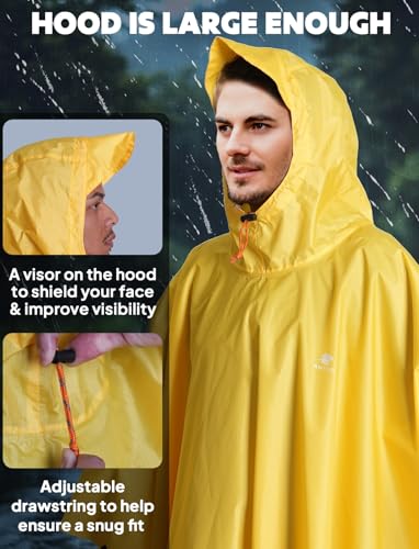 ANYOO Leichter Regenponcho Wasserdichter Regenjacken Ripstop Atmungsaktiver Mehrzweck Regenmantel mit Kapuze Faltbare Schutzdecke Unterschlupf für im Freien Camping Wandern, Gelb, Einheitsgröße