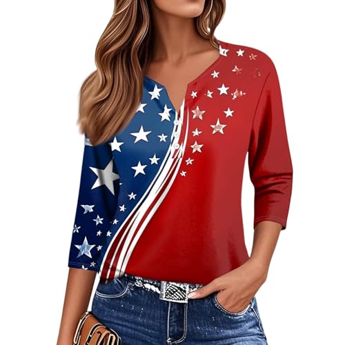 Image of 4th of July Shirts Women 3 /4 Length Sleeve Womens Tops Henley Neck Casual Patriotic T Shirts