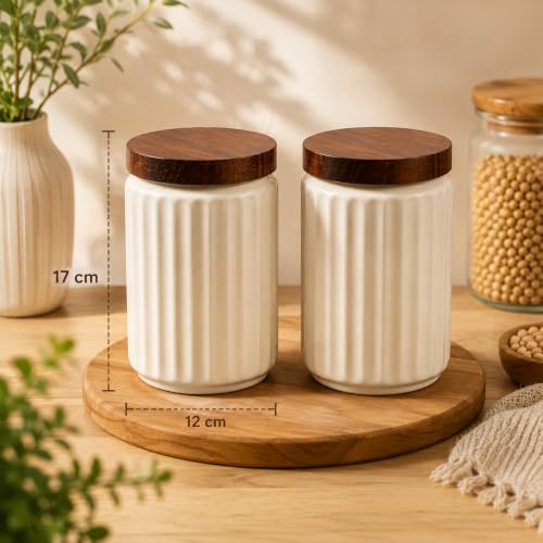 Image of Airtight Ceramic Jars (Pack of 2) - 1000ml Each - Wooden Lid - Kitchen Containers for Sugar, Tea, Salt, Pickles, Pulses & More (White)