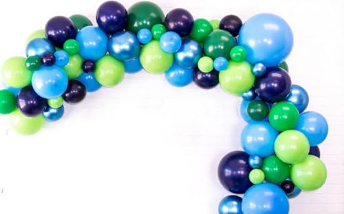 Image of Blue Green Balloons Set, 60PCS Green Blue White Birthday Balloons, 12 Inch Navy Blue Dark Green Grey Latex Balloons Helium for Boys Girls Birthday Baby Shower Jungle Safari Dinosaur Party Decorations