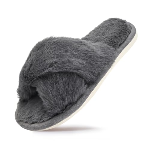 sharllen Women's Fuzzy Cross Band Slippers Open Toe Cozy Plush Furry Ladies Slippers Comfy Memory Foam Slides Slippers with Arch Support Fluffy House Slippers Home Bedroom Indoor Outdoor