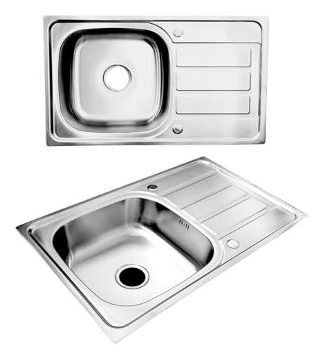 RUMO 8050 Stainless Steel Kitchen Sink Inset 1.0 One Bowl Reversible Drainer with Single Large Deep Bowl Includes Waste Plumbing kit Clips, 800 x 500mm Compact Space Saving Sink