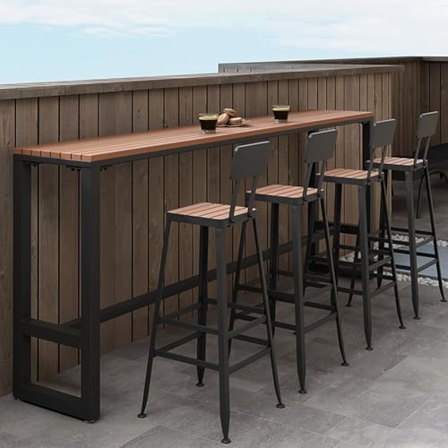 Mesa de bar alta rústica industrial, mesa de comedor de altura estrecha con parte superior de madera de plástico y caballete de metal, perfecta para cocina y uso al aire libre, color negro h
