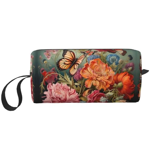 LNNIUK Neceser de viaje con estampado de flores y mariposas, bolsa de maquillaje con cremallera