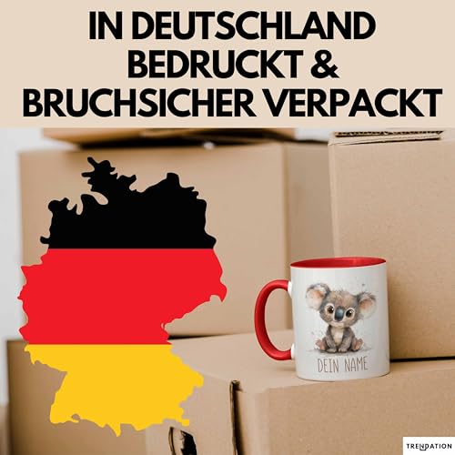 Koala Tasse mit Namen – Personalisierte Kaffeebecher Geschenk Tiermotiv süßes Motiv Becher mit Namen (Rot)