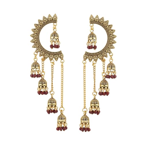 Image of WORLD CRAZE Multicolour long kashmiri jhumka for women chandbali earrings chand baliyan | kashmiri earrings for women | bahubali earrings stylish | Traditional Indian Festive Jewelry | Long Chain Tassels | Pearl Drop Latkan Jewellery (Multi colour)