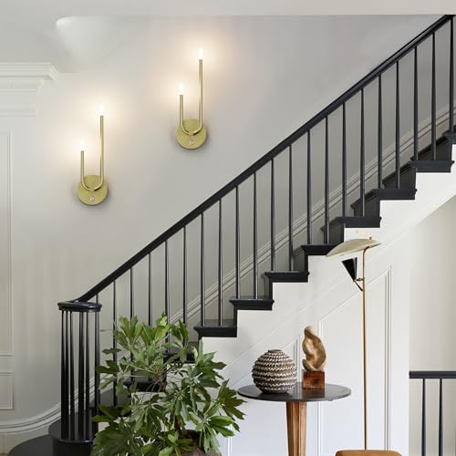 Image of Aipsun Gold Battery Operated Wall Sconce Set of 2, Modern LED Rechargeable Wall Sconce Stepless Dimming Wireless Wall Lights for Bedroom,Living Room,Hallway Warm Light 3000K