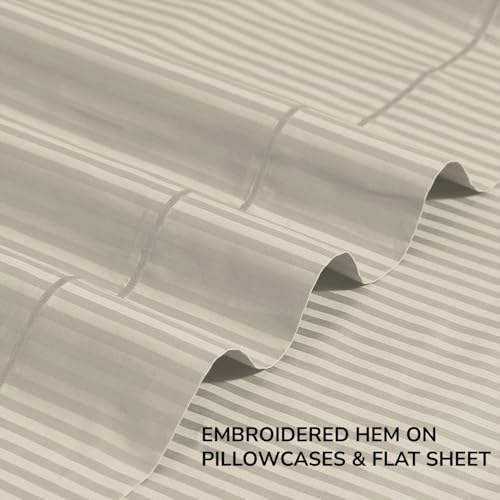 Image of Feather & Stitch 500 TC Full Size Damask Bed Sheet Set, 100% Cotton Soft Breathable Bedsheets, 4 Piece 18 inch Deep Pockets Sateen Weave Striped Bedding Mattress Resort Hotel Luxury- (Beige Stripe)