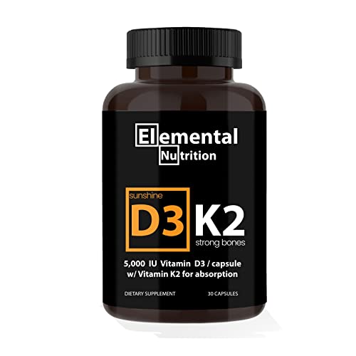 Elemental Nutrition Vitamin K2 With D3 Extra Strength Supplement Bone | Heart Health Non-Gmo Formula 5000 Iu Vitamin D3 125 Mcg & 100 Mcg Vitamin K2 | Easy To Swallow Vitamin K & D, 30 Capsules. #TOP29