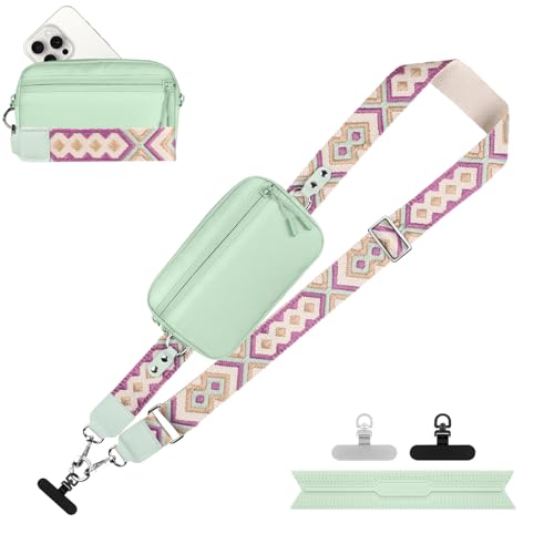 Image of YFWE Clip and Go Strap for Phone with Wallet Crossbody, Adjustable Phone Lanyard with Detachable RFID Wristlet Wallet, Pattern Strap - Green (L)