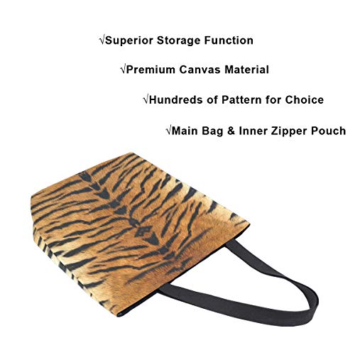 Image of Tiger Print Canvas Tote Grocery Bag Shoulder Casual Book Bag Large for Women Teachers, Animal Cotton Bag Shopping Purse Handbag Reusable Multipurpose Use