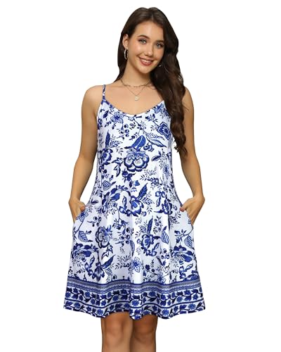 Image of Womens Summer Dresses Spaghetti Strap V Neck Sleeveless Beach Sundress