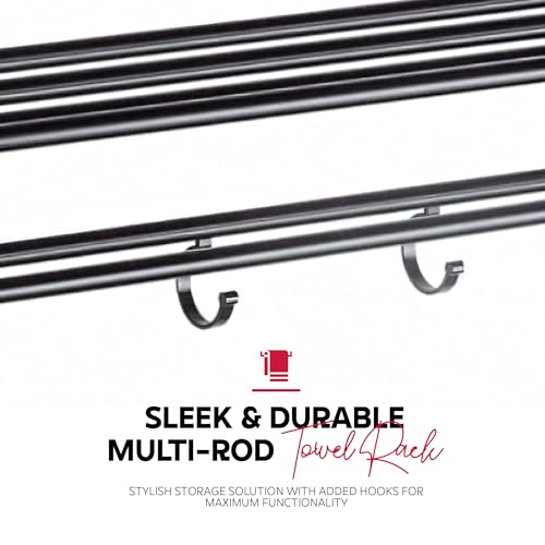 Image of MIORAH 24 Inch Foldable Aluminum Towel Rack for Bathroom - Wall Mounted Double - Tier Towel Holder with Rod & Hooks | Rustproof Black