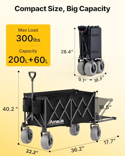 Image of Beach Wagon with Big Wheels for Sand, 260L Capacity, Heavy Duty All-Terrain Folding Wagon with Expandable Rear, Durable Carbon Steel Frame & Big 8.3 inch Wheels for Beach, Outdoor & Camping Activities
