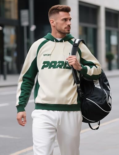 ZAFUL Men’s Fuzzy Embroidered Graphic Hoodie – Fluffy Faux Fur Fleece Pullover with Contrast Piping, Coffee Black White Green3