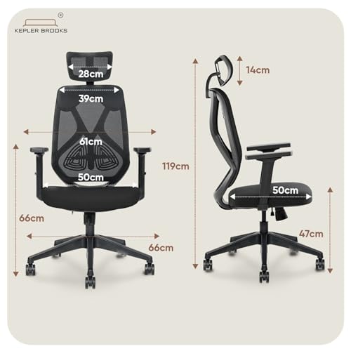 Image of Kepler Brooks Marvel Office Chair for Work | 3-Yr Warranty | Ergonomic Office Chair, Study Chair for Home, 2D Headrest & Armrest, Adjustable Lumbar, Multi Lock Recliner, Heavy Duty Metal Base (Black)