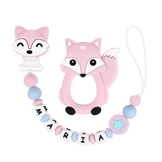 Dummyklämmor personligt namn flicka baby napp kedja dummyhållare 10 bokstäver tillåtna med silikonpärlor tandsprickningsleksaker baby shower gåvor (rosa räv)