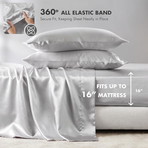 Image of Madison Park Essentials Satin Sheets Queen Size Bed Set, 6 Pcs, Light Grey | Luxury and Smooth Silky Bedding with Natural Sheen, All Around Elastic 14 inch Pocket fits up to 16 inch Mattress, Year-Round Cozy