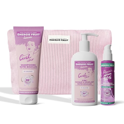 ENERGIE FRUIT - Coffret cadeaux routine capillaire cheveux bouclés - Huile de coco et collagène - Trio shampooing...
