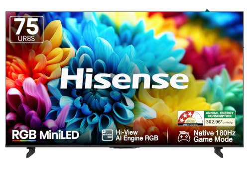 Image of Hisense 75 Inch 75UR8S | RGB MiniLED | Hi-View AI Engine RGB | Native 180Hz Game Mode | Up to 3500 nits Peak Brightness | IMAX Enhanced | 2.1.2 Multi-Channel Surround | AI RGB Light Sensor