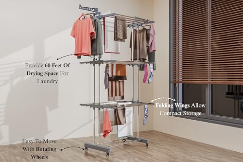 Image of Premium Stainless Steel Clothes Drying Stand | 3 Tier 2 Pole Foldable Laundry Rack with Wheels & Sock Holder | Heavy Duty Indoor & Outdoor for Balcony, Terrace & Home - Gray