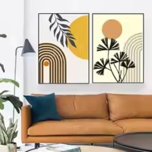 Art mural peinture géométrique feuilles soleil pour salon moderne