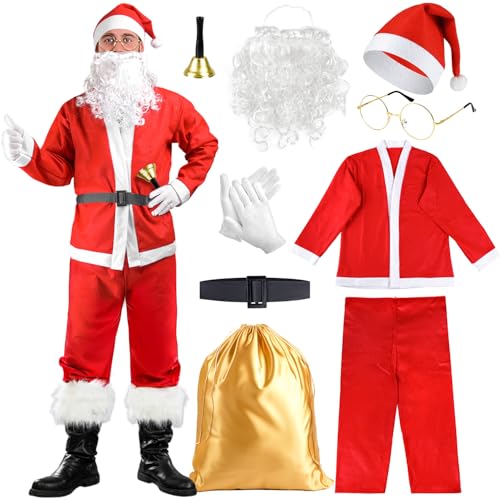 iZoeL Santa Claus Costume For Men Father Christmas Costume Santa Claus Hat Tops Pants Santa Beard And Gift Bag for Christmas Fancy Dress Holiday Celebrations Christmas Parties Events