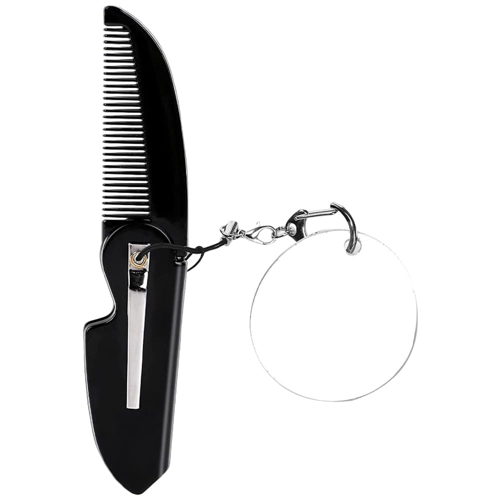 FRCOLOR Folding Comb Keychain for Men Portable Travel Pocket Beard Comb with Fine Teeth and Oval Mirror Lightweight Styling Tool