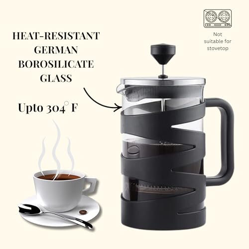 Image of CO.PHI French Press Coffee Maker, 800ml German Borosilicate Glass Carafe, Stainless Steel Filter, Ergonomic Handle, Black Spiral Design with 100 gms Cinnamystic Ground Coffee