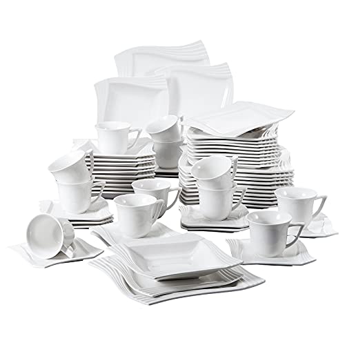 MALACASA Dinnerware Set, 60 Pieces Ivory White Square Dinnerware Sets, Porcelain Dinner Set with Dinner Plate, Dessert Plate and Soup Plate, Cups and Saucers Set, Dinnerware Set for 12, Series Amparo