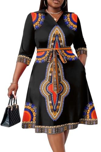 Image of FANDEE Plus Size Midi Dress for Women - Printing Summer Dresses for Wedding Guest Cocktail Party 3 /4 Sleeve V Neck(L-5XL)
