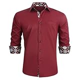 HISDERN Mens Burgundy Dress Shirt Maroon Button Down Casual Shirts Long Sleeve Plaid Inner Contrast Tuxedo Shirts Wedding Party Slim Fit