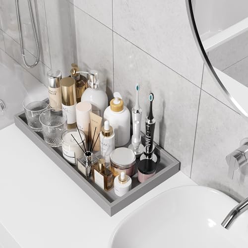 Image of ZHWS Bathroom Vanity Tray for Countertop Perfume Makeup Jewelry Candle Decor, Kitchen Tray for Soap Dispenser Spice Salt, Large Tray for Toilet Tank Paper, Serving Nightstand Silver 13 inchx6.5 inch