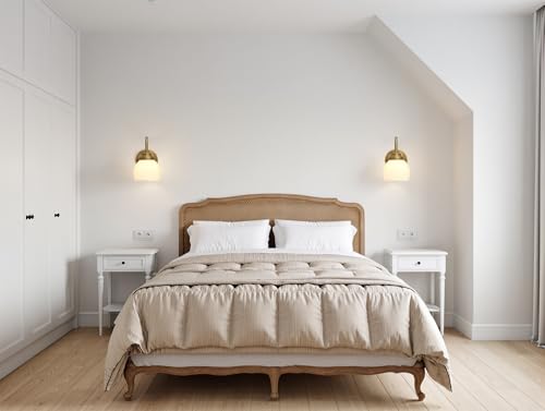 Image of Phansthy Vintage Brass Boho Wall Sconces, Hardwired Wall Lights with Tulip Glass Lampshade, Brass Vanity Lamp Modern Wall Lighting Fixtures for Bedroom, Living Room, Hallway (Antique + White Shade)