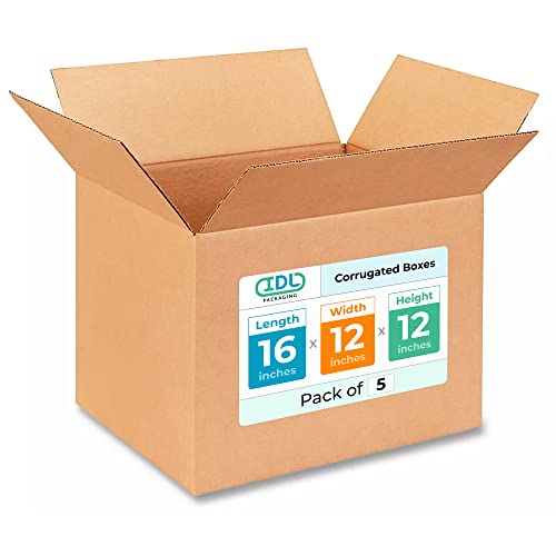 Medium Shipping &amp; Moving Boxes 16 x 12 x 12 inches (5-Pack) - Extra Strength 200 lb vs Regular - Corrugated Boxes for Packaging Moving and Delivering - Box to Pack - Carton Box by IDL Packaging