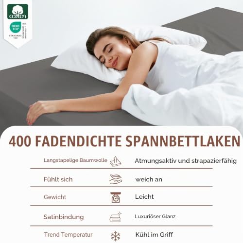 Pizuna Spannbettlaken 150x200 cm Baumwolle Anthrazitgrau 400 Fadenzahl – Ansicht 2