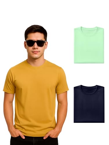Image of Veirdo 100% Pure Cotton Regular Fit Half Sleeve Solid Core Round Neck Multicolor T-Shirt Combo for Men (Pack of 3)