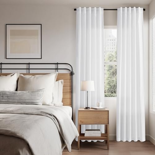 Image of Nanspring White Linen Curtains 84 Inch Length 2 Panels Set for Living Room Back Tab Light Filtering Semi Sheer Curtain for Bedroom Farmhouse Drapes, 40x84 Inch, 2 Panels