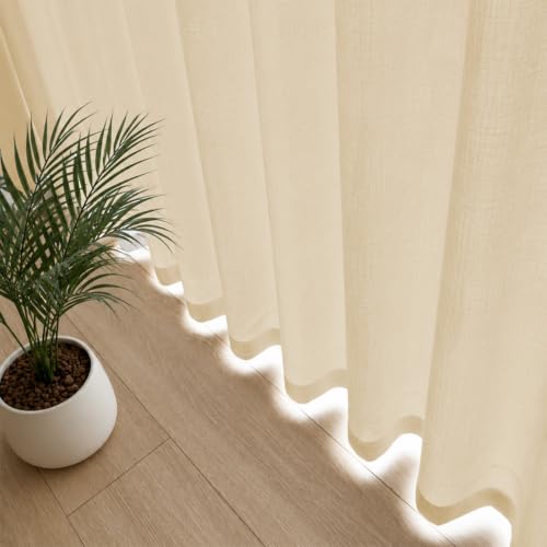 Image of LINENWALAS Aesthetic Sheer Curtains 9 Feet Long Set of 2, Poly Linen Shrink & Fade Proof Drapes for Long Door Semi Transparent Modern Panels with Grommet Hanging for Living Room (Golden Beige /9 Feet)