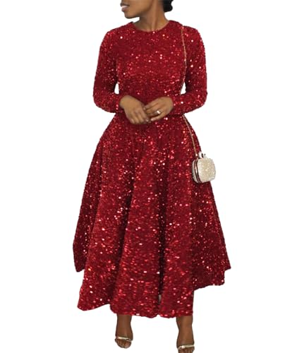 Image of SOMTHRON Women's Sequin Dress Plus Size Long Sleeve A-Line Flared Party Cocktail Sparkle Glitter Evening Shiny Maxi Dress