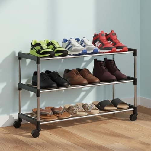 JD FRESH 3 Tier Shoe Rack/Stainless Steel Shoe Stand with Wheel/Movable Shoe Rac...