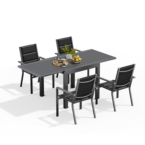 Devoko Conjunto Jardin Exterior 4 Personas, Mesa y Sillas De Comedor De Aluminio 4+1, 4 Sillas Apilables de Aluminio y 1 80 160CM Mesa Jardin Extensible, Muebles Jardin, Gris Oscuro