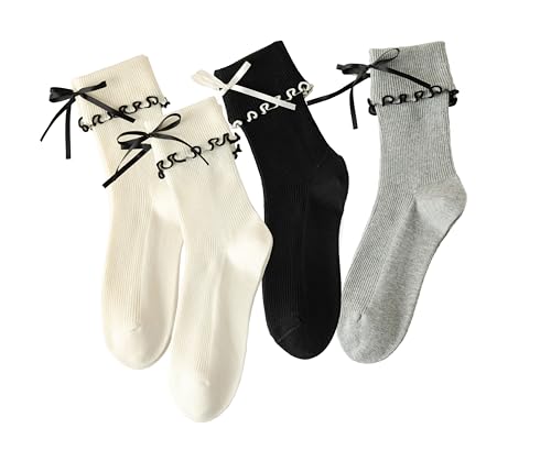 Image of Womens Bow Socks Ruffle Casual Crew Black Whitte Soft Breathable Cotton 4 Pairs Socks