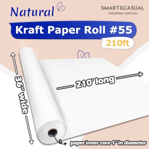 Image of SMART&CASUAL 36 inch x 2,520 inch (210') White Kraft Craft Paper Roll for Gift Wrapping Bulletin Board Bouquet Flower Art Packing Parcel Table Covering 80GSM 55LB (White, 36 inch x 210')